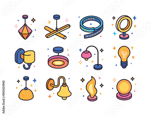 Colorful Lighting Icons Set. Modern Lighting. Colorful isometric
