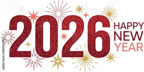 Celebrating a vibrant happy new year 2026 with sparkling glitter and festive fireworks design