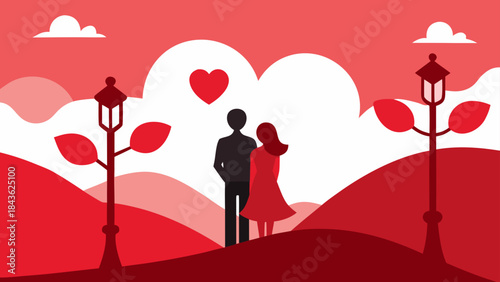 Minimalist red illustration depicting a loving couple standing in a romantic park landscape with heart symbol and street lamps
