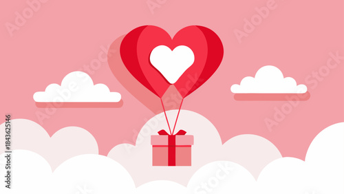 A Romantic Flat Illustration of a Heart Balloon Delivering a Gift Box Across a Pink Cloudy Sky for Valentine's Day