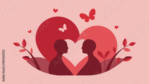 A minimalist illustration of two silhouettes embracing a heart-shaped space, surrounded by delicate foliage and butterflies, symbolizing intimate connection and romantic love