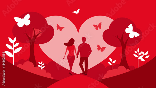 A beautiful red and pink illustration of a couple walking through a park, symbolizing love and companionship with a large heart background