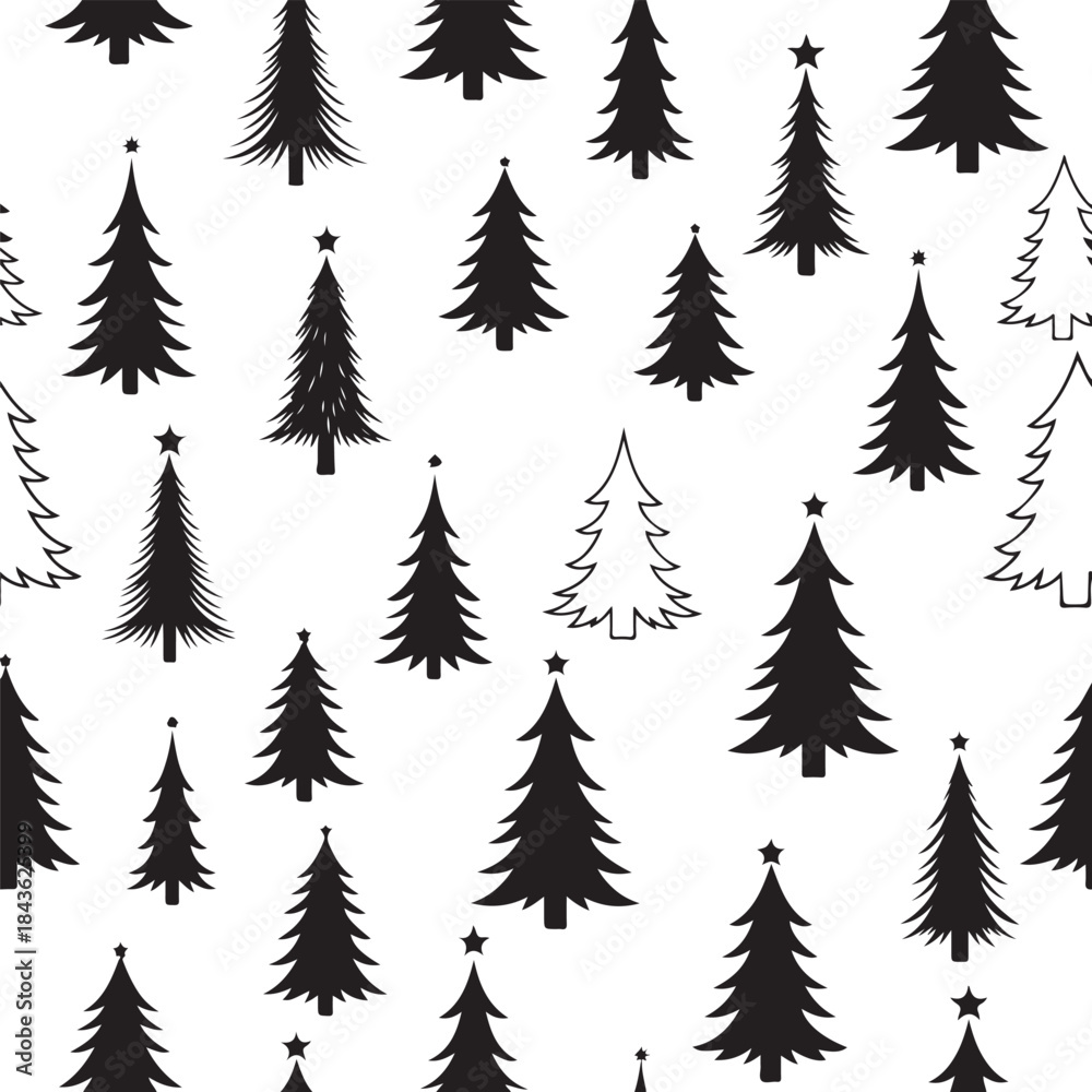 Fototapeta premium Black and white Christmas trees with stars pattern on white background