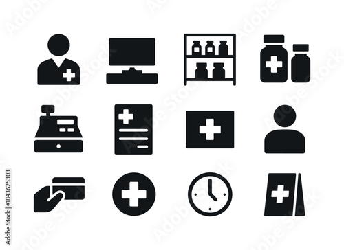 Pharmacy Icon Set. Pharmacy Counter. Solid icon set of Pharmacy