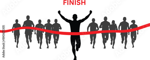 Silhouettes of runners crossing red finish line arms raised in victory running race