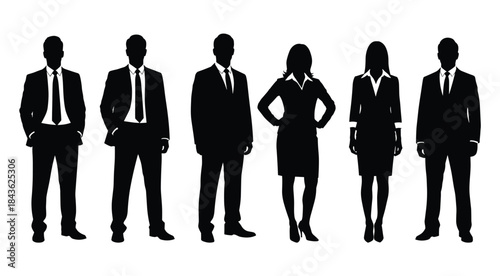 Six black silhouettes of business people in suits and dresses standing women
