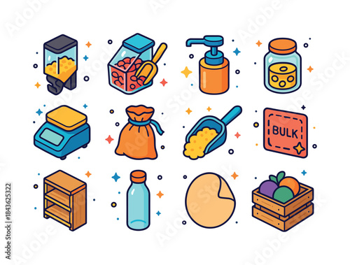 Bright Bulk Shopping Icons. Bulk shopping. Colorful isometric ve