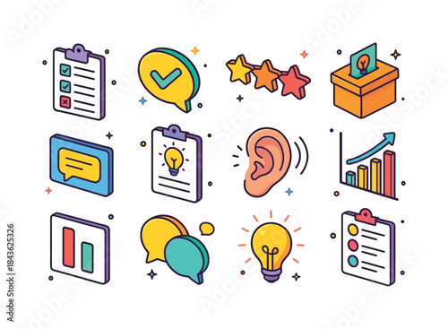 Colorful Feedback Icons. Employee feedback. Colorful isometric v