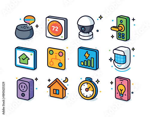 Smart Home Icons Collection. Smart home helpers. Colorful isomet