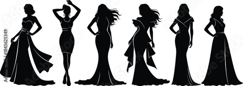 Six black female silhouettes in diverse evening gowns and dresses women fashion