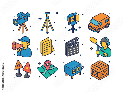 On-Location Filming Icons. On-Location Filming. Colorful isometr