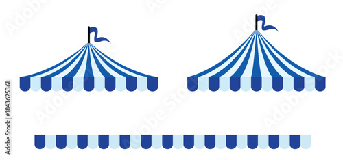 Blue circus tent with flags. Awning, canopy and flag sign. Carnival tent. Striped canopy shop. Outdoor sunshade. Attraction with fun show, artists, tame animals performing in a circus theater.  