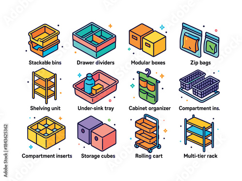 Colorful Storage Icons. Storage solutions. Colorful isometric ve