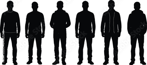 Male silhouette illustration, casual clothing, hoodie and jacket, posture variation, fashion profile, black vector, standing figures, style comparison, minimal design, urban look