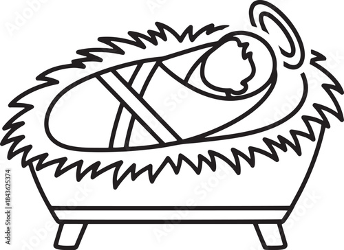 A black and white illustration of a baby in a manger with a halo around its head.