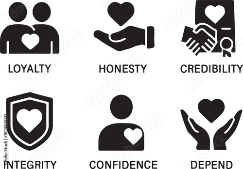 Trust Solid Glyph Icon Set – Loyalty, Honesty, Reliability, Credibility, Integrity & Confidence