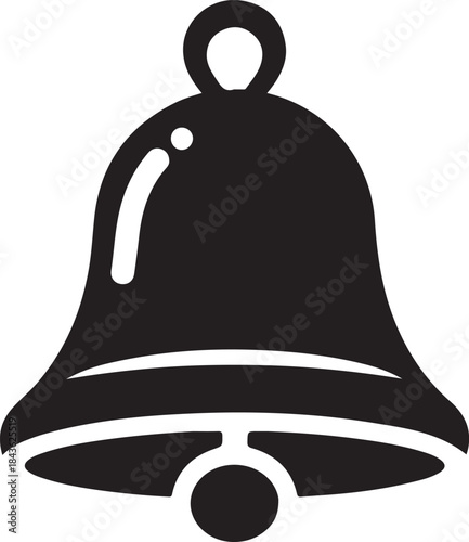 Black and white line of a bell with a clapper and circular line outline