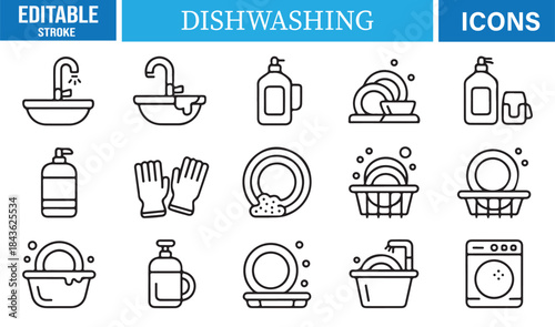Minimal linear dishwashing and kitchen hygiene icon set