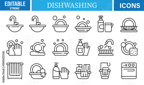 Editable stroke dishwashing icons featuring kitchen cleaning tools and dishes