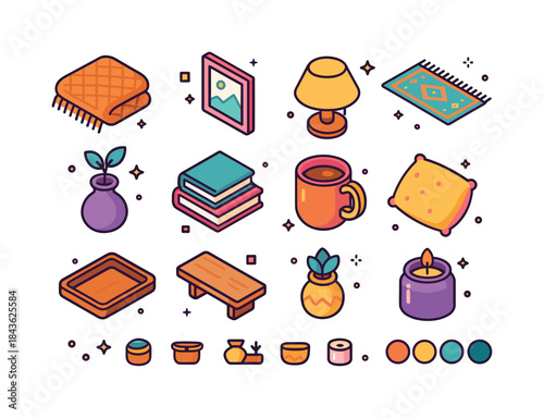 Cozy Living Room Icons. Cozy living room accents. Colorful isome