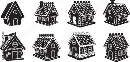 Set of eight gingerbread houses with different designs and decorations.
