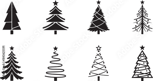 Christmas tree icons set with various designs and decorations.