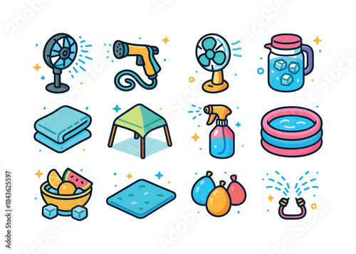 Outdoor Cooling Icons. Outdoor Cooling. Colorful isometric vecto