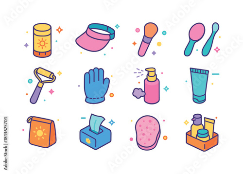 Colorful Skincare Icons. Protective skincare tools. Colorful iso