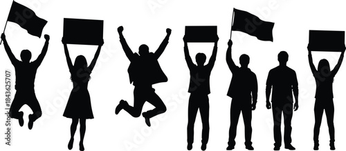 Diverse group of black silhouettes holding flags and blank signs in protest people