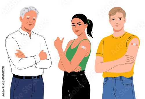This vibrant illustration showcases three individuals proudly displaying their vaccination bandages, symbolizing health, community spirit, and unity in the fight against illness and disease.