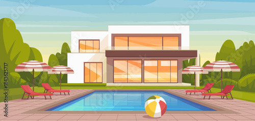 A stunning contemporary villa featuring a luxurious pool, perfectly crafted for relaxation and enjoyment, surrounded by lush greenery and a serene outdoor environment.