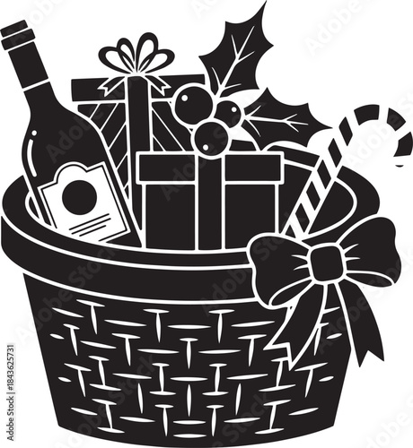 A black and white illustration of a Christmas gift basket filled with presents, a bottle of wine, and a candy cane.