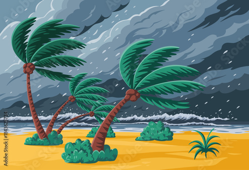This vivid illustration showcases palm trees bending under a tropical storm, with turbulent skies and crashing waves, capturing the raw power of nature in a dynamic scene.