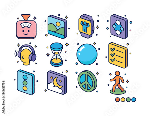 Colorful Stress Relief Icons. Stress Relief. Colorful isometric