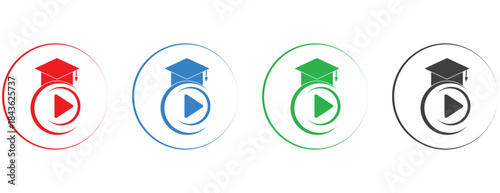 Online education and video learning symbol, colorful graduation cap with play button icons