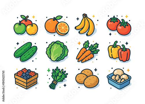 Colorful Produce Icons. Fresh Produce. Colorful isometric vector
