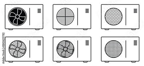 outdoor unit. heat pump air conditione. Heat pumps systems extract heat from the outside air, ground, or water to heat your home. Ventilation and bladers concept. Home heating and cooling system
