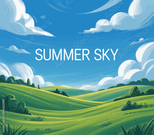 A beautiful summer sky with fluffy clouds stretches above rolling green hills, capturing the essence of the outdoors and inviting a sense of serenity and peace in nature’s embrace.