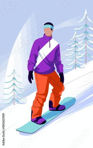 In this dynamic image, a snowboarder dressed in colorful winter gear glides down a snowy slope, surrounded by a picturesque winter landscape featuring frosty trees.