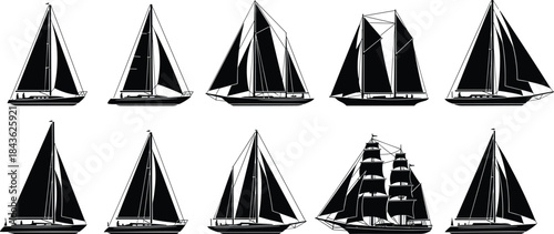 Collection of black silhouette sailboats and a tall ship on white background sailing boat