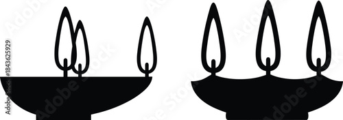 Oil lamp silhouettes, Diwali decoration, flame arrangement, cultural icon, traditional lighting, black vector, festive symbol, religious art, minimal design, celebration motif