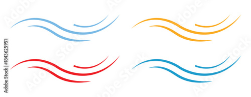 Wavy air flow and scent icon set, colorful line symbols for aroma and wind movement