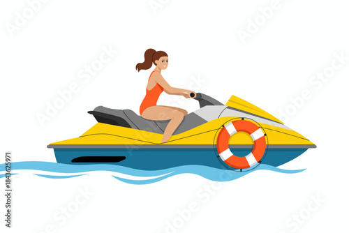 A spirited young woman enjoys riding a jet ski across ocean waves, capturing the thrill of adventure and the joy of summer activities in a vibrant coastal scene.