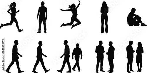 Collection of black human silhouettes in various poses and activities people woman 2