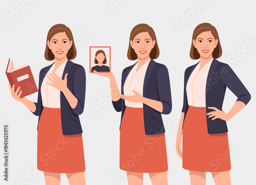 A professional illustration of a confident woman holding a book and a photo, showcasing themes of empowerment, leadership, and communication in a modern art style.