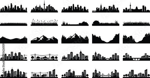 Collection of black city skylines grass mountains trees and bridges silhouettes cityscape