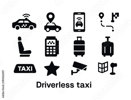 Driverless Taxi Icon Set. Driverless taxis. Solid icon set of Dr