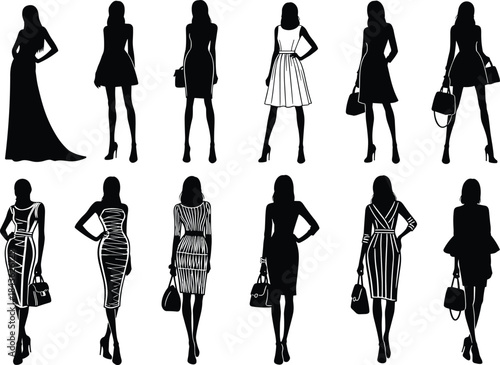 Collection of black and white female fashion silhouettes in various dresses and holding handbags
