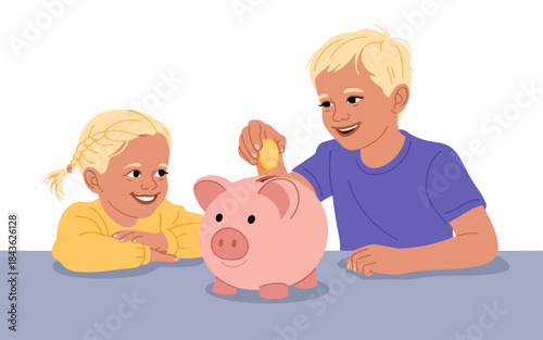 Two children happily saving coins in a piggy bank, emphasizing the importance of money management and savings with joyful expressions and a playful atmosphere.