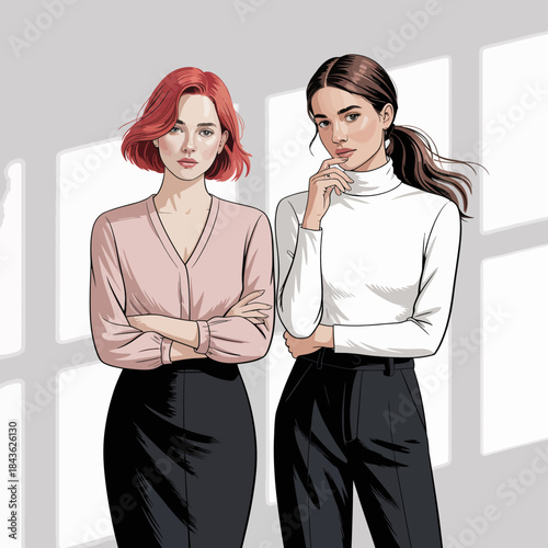 Two fashionable women stand confidently side by side in tailored outfits, capturing a chic and powerful essence that reflects modern femininity and style.